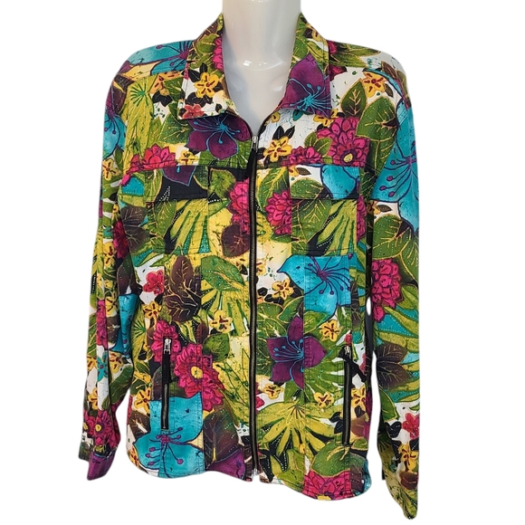 Chicos Cotton Blend Lightweight Womens 1(M) Multi Color Floral Fairy Zip Jacket - Picture 1 of 13